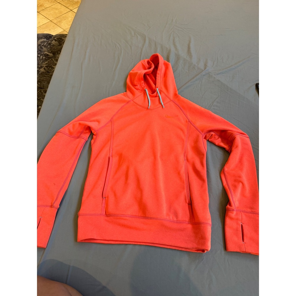 Nike Dri-FIT Womens Hoodie Small Neon Coral Orange Fleece Pullover Thumbholes